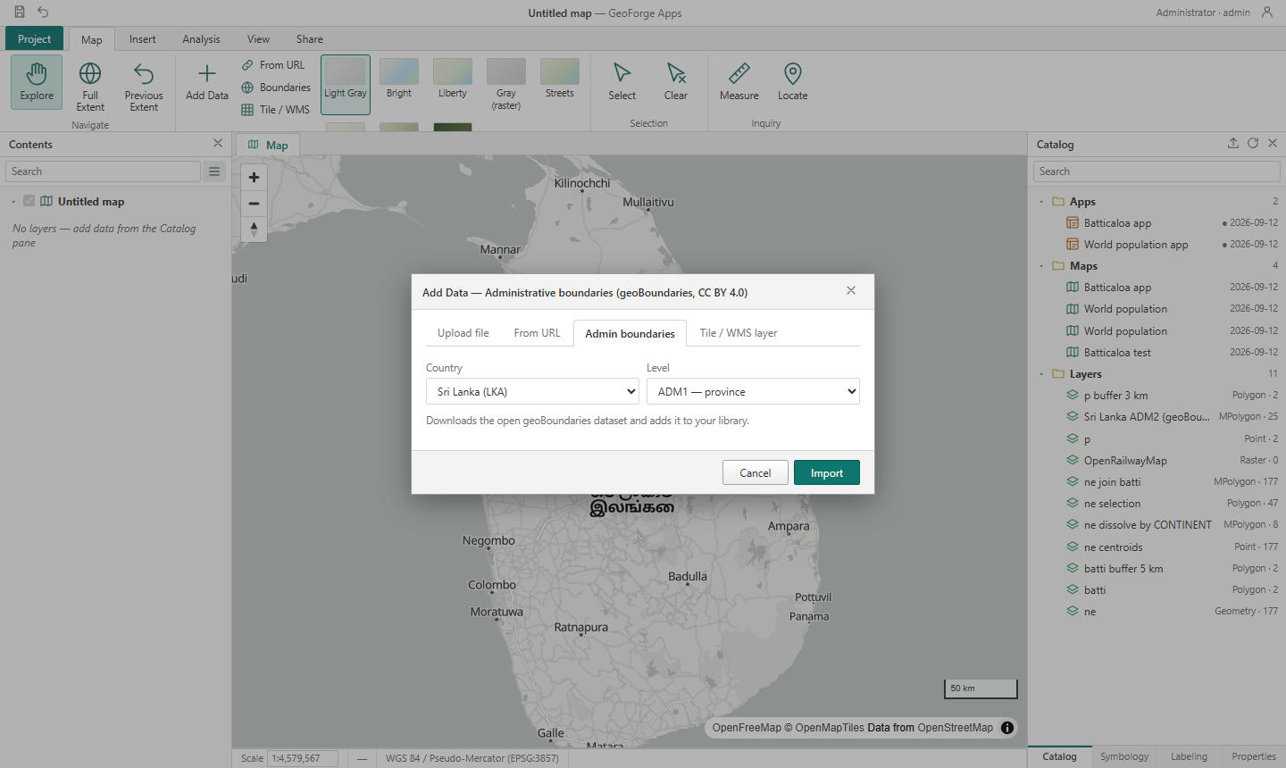 Admin boundaries tab