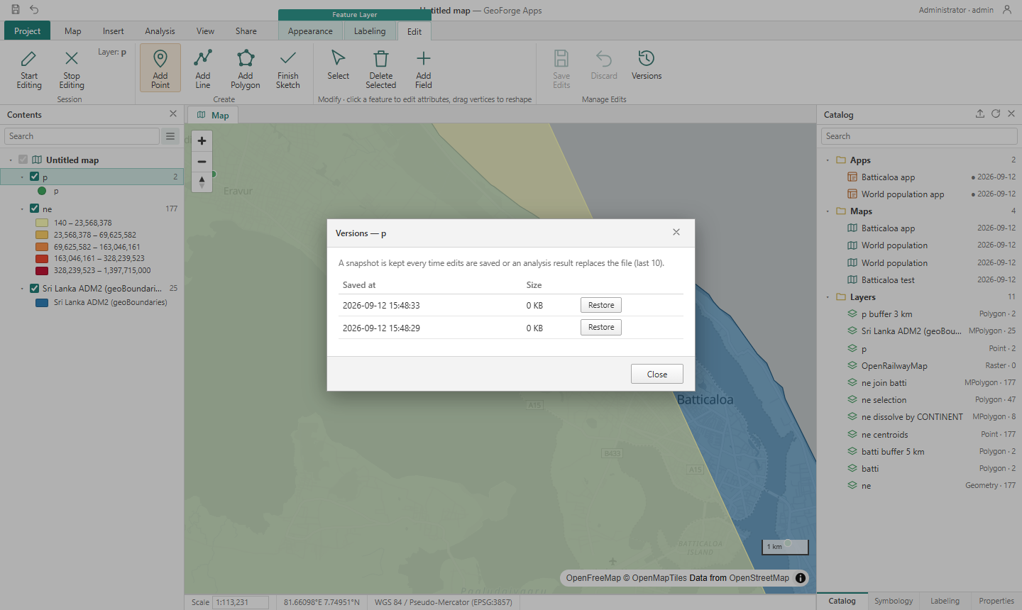 Versions dialog